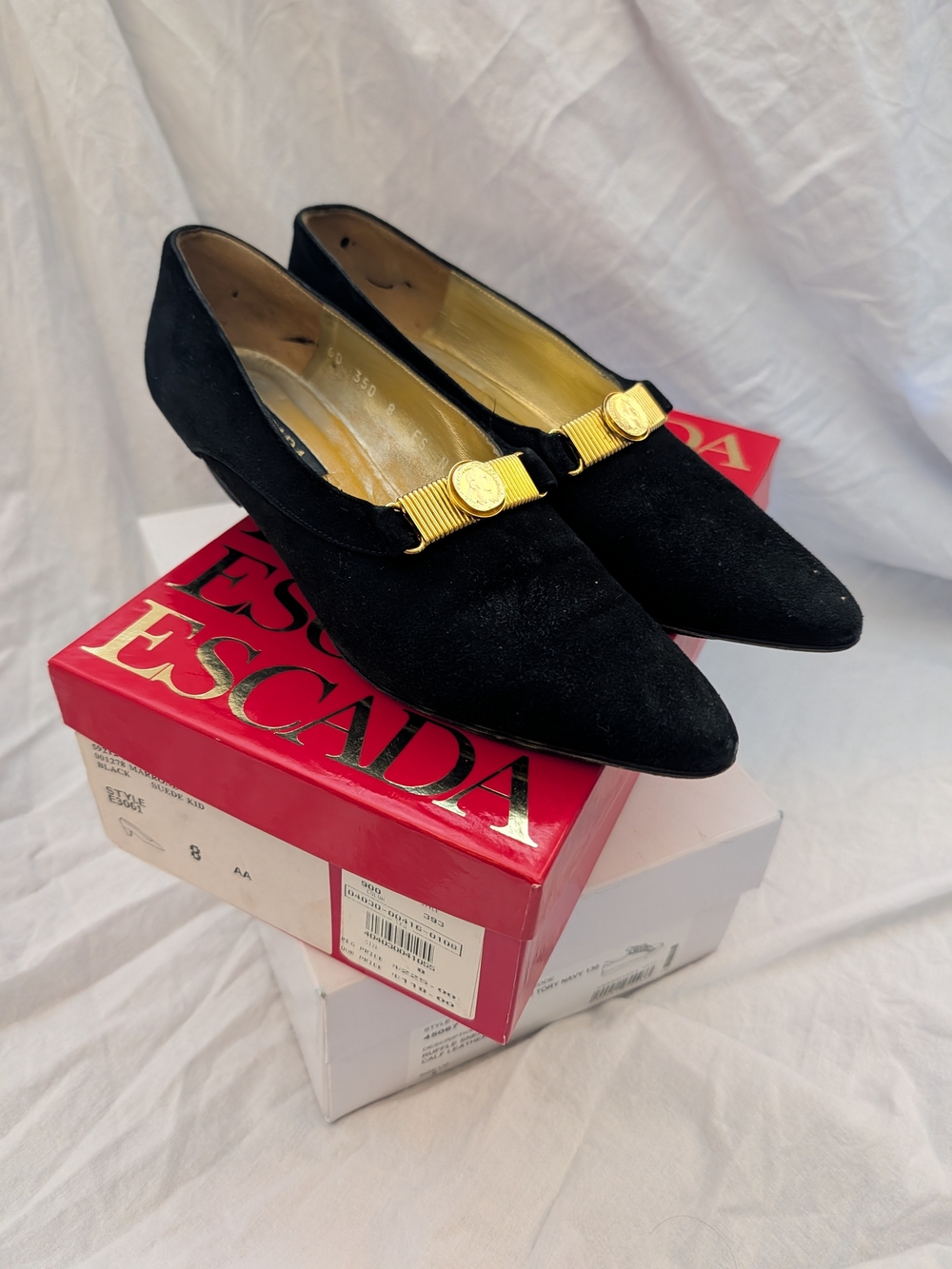 Escada Black Suede Pointed Toe Kitten Heel with Gold Accent